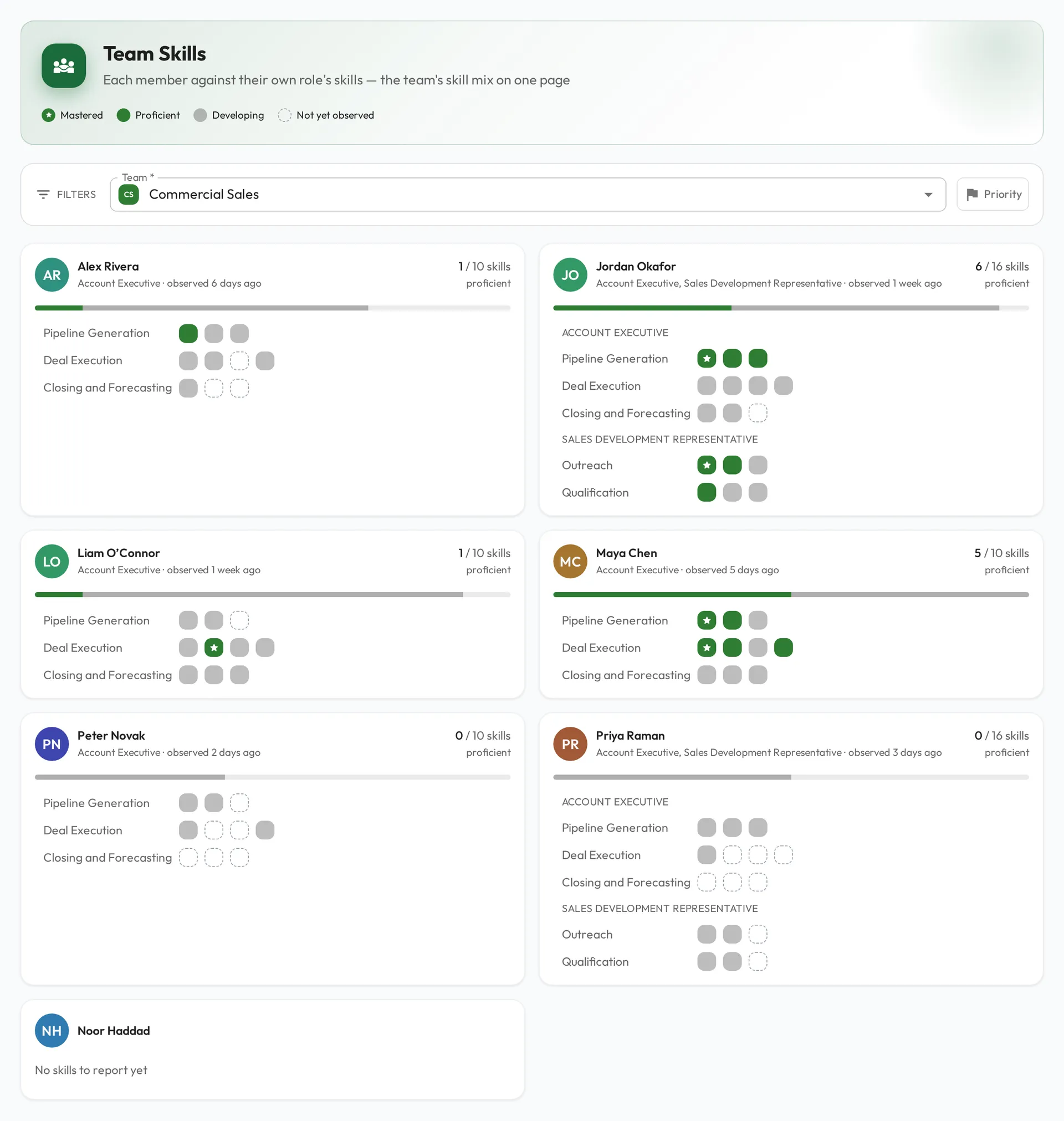 The Team Skills report for a Commercial Sales team: one card per member, each showing their roles, a count of skills proficient, and rows of colored squares grouped by skillset in four states from Not yet observed to Mastered.